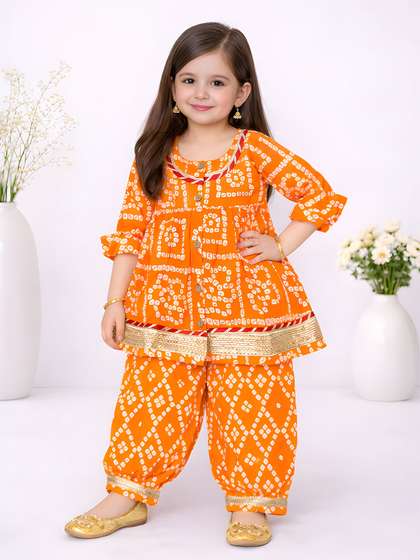 LITTLE GINNIE Girls
                    Bandhani Dyed Empire Gotta Patti Kurti with Pyjamas