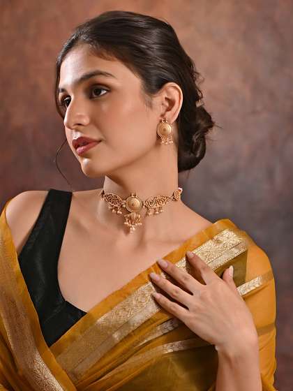 Fida Gold-Plated
                        Stone-Studded & Beaded Jewellery Set