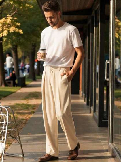 Beige Relaxed Fit
                        Pleated Wide Leg Trousers