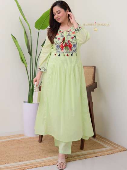 NAKSHKURTIS Ethnic
                        Motifs Embroidered Panelled Thread Work Pure
                        Cotton Kurta with Trousers