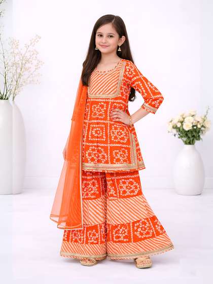 LITTLE GINNIE Girls
                    Bandhani Printed Regular Gotta Patti Pure Cotton
                    Kurta with Sharara & With Dupatta