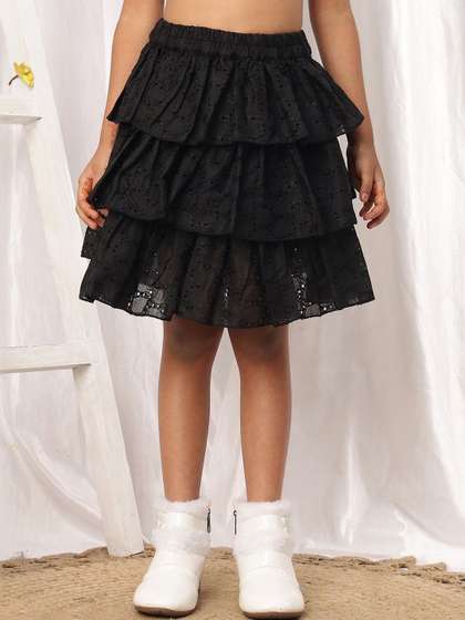 NEUDIS Girls Cotton
                    Blend Self Design Frills Bows and Ruffles Knee
                    Length Flared Skirt