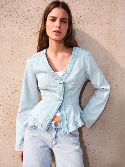 Bershka Striped
                          textured peplum denim jacket