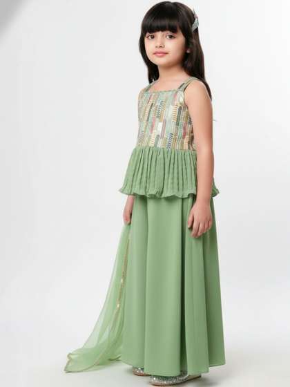 BAESD Girls Ethnic
                    Motifs Printed Tiered Sequinned Kurta with Palazzos
                    & With Dupatta