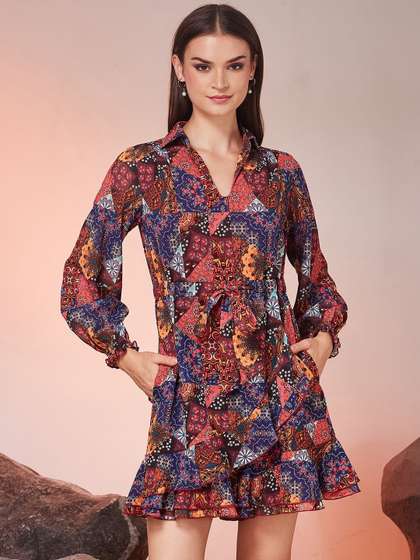 Miss Chase Womens
                        Shirt Collar Bishop Sleeve Printed Bohemian
                        Short Georgette Playsuit