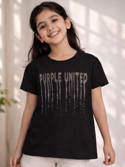 Purple United Kids
                      Girls Embellished Black Rhinestone Design Cotton
                      Fabric Tshirt