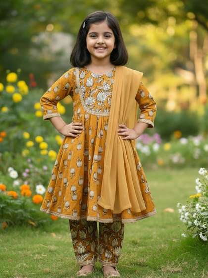 Baal Leela Girls Floral
                    Printed Cotton Anarkali Kurta with Trousers &
                    Dupatta