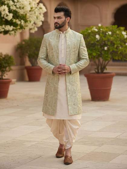 KISAH Men
                        Woven-Design Kurta Cotton Indowestern Sherwani
                        Dhoti Set
