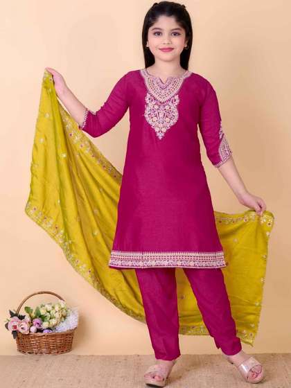 KALINI Girls Ethnic
                      Motifs Embroidered Regular Thread Work Kurta with
                      Trousers & With Dupatta