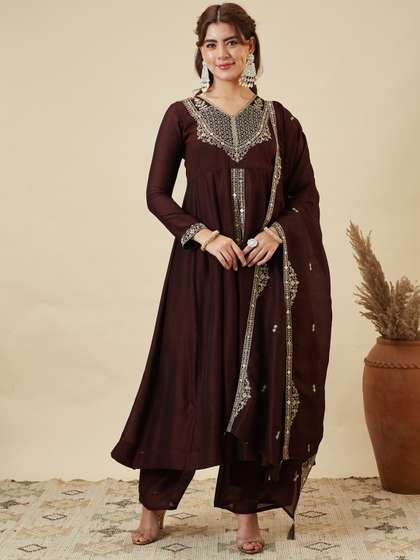 Colors of Earth
                            Silk Embroidered Anarkali Kurta And Palazzo
                            Set With Dupatta