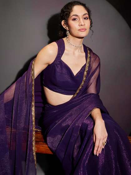 Janasya Purple Silk
                        Blend Ready To Wear Embellished Shimmer Saree
                        with Unstitched Blouse