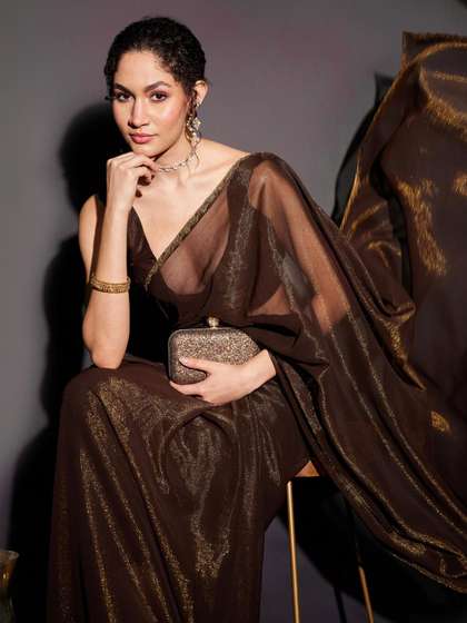 Janasya Brown Silk
                        Blend Ready To Wear Embellished Shimmer Saree
                        with Unstitched Blouse