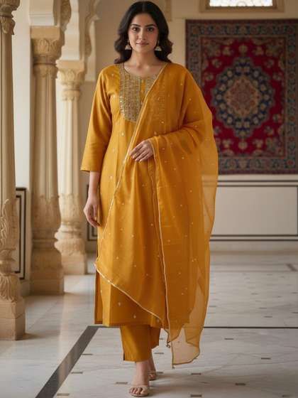 Moda Rapido Women
                        Ethnic Motifs Embroidered Regular Thread Work
                        Kurta with Trousers & With Dupatta