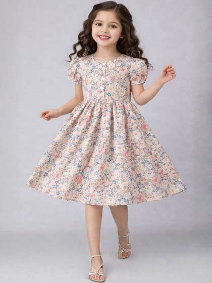 Tejam Girls Floral Print
                    Puff Sleeve A-Line Dress