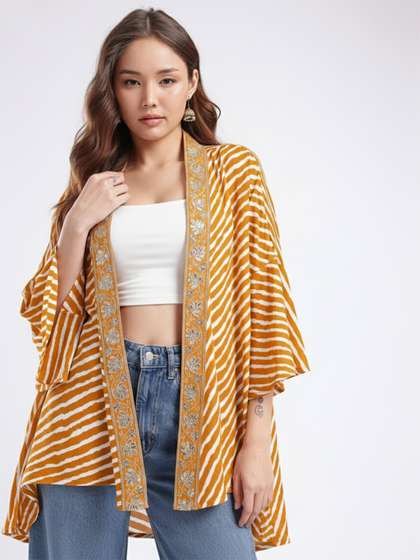 fusion by glitchez
                        Striped Floral Zari Embroidered Longline Shrug