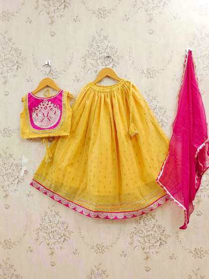 JOVK DESIGN Girls
                    Embroidered Tie and Dye Semi-Stitched Lehenga &
                    Blouse With Dupatta