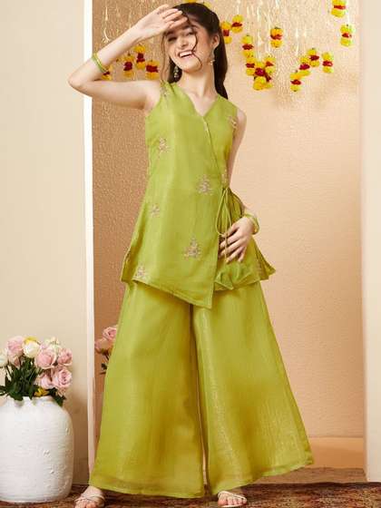 CurlyTales Girls Silk
                    Embroidered Kurta and Sharara Set
