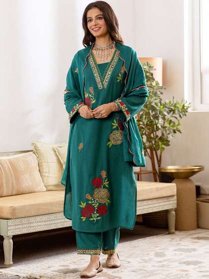 SKYLEE Women Floral
                        Embroidered Regular Thread Work Kurta with
                        Trousers & With Dupatta