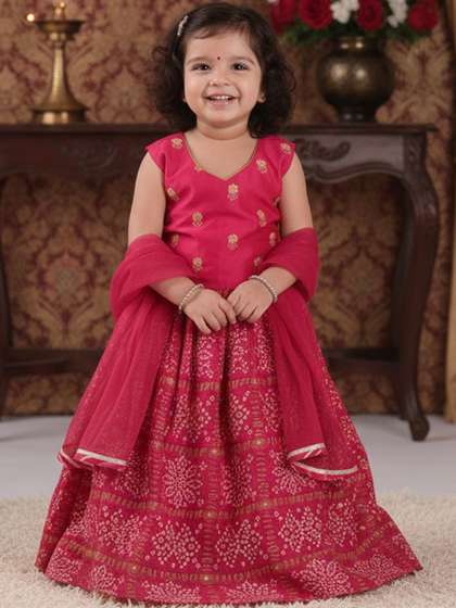 Sangria Girls
                        Embroidered Cotton V-Neck Flared Lehenga With
                        Choli & Dupatta