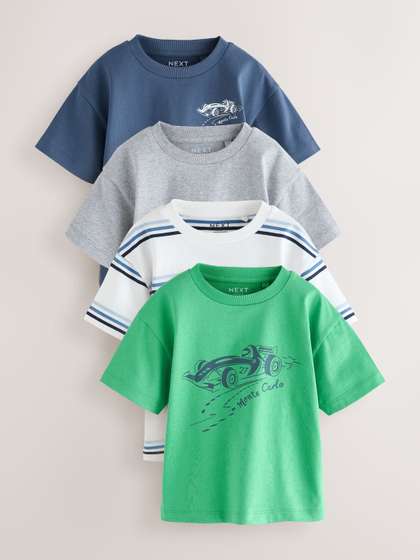 NEXT Boys Pack Of 4
                    Printed Relaxed Fit Drop-Shoulder Sleeves Pure
                    Cotton T-shirts