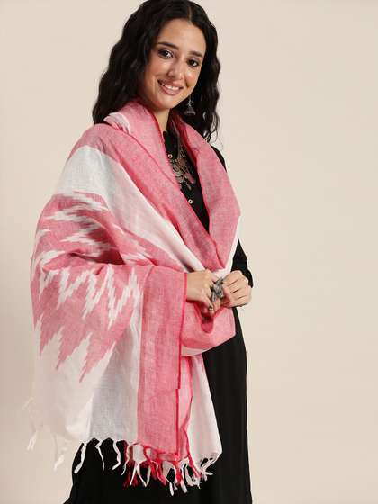 Taavi White &
                        Red Woven Design Pure Cotton Ikat Dupatta