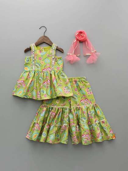 Vetrokart Girls Floral
                      Printed Regular Sequinned Raw Silk Kurti with
                      Sharara & With Dupatta
