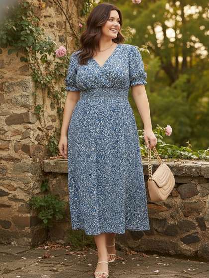 Berrylush Curve Blue
                        Curve Floral Print Puff Sleeve Crepe Empire Midi
                        Dress