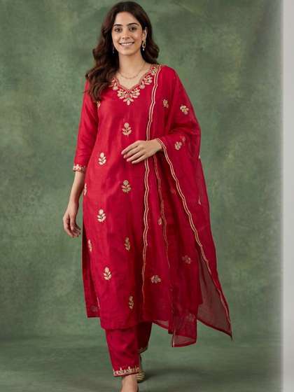 PAVANPUTRA FAB
                          Women Ethnic Motifs Embroidered Regular Thread
                          Work Kurta with Trousers & With Dupatta