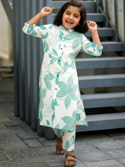Vetrokart Girls Floral
                    Printed Regular Raw Silk Kurta with Trousers