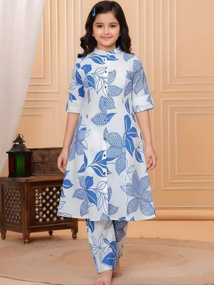 Vetrokart Girls Floral
                    Printed Regular Raw Silk Kurta with Pyjamas