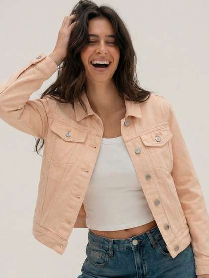 Tokyo Talkies Women
                        Peach-Coloured Solid Denim Jacket