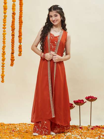 CurlyTales Girls
                      Embroidered Georgette Crop Top With Shrug &
                      Palazzos