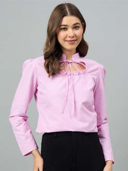 Style Quotient Striped
                      Tie-Up Neck Puff Sleeve Top