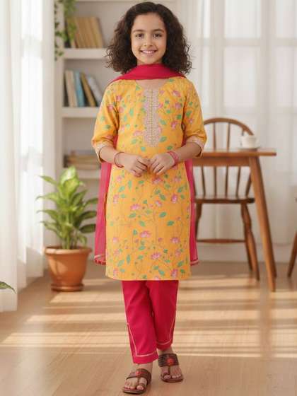 Sangria Girls Floral
                      Printed Regular Kurti with Palazzos & With
                      Dupatta