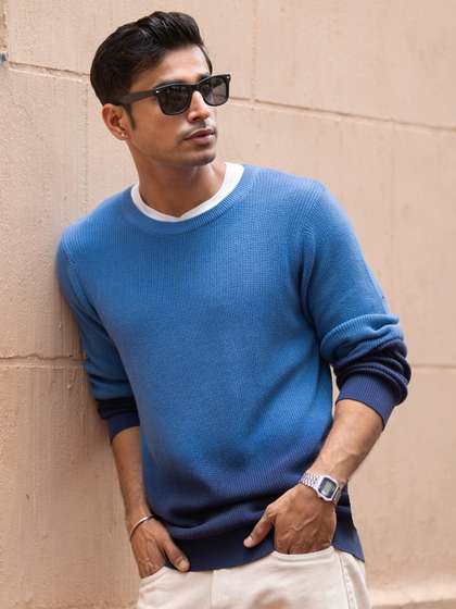 Powerlook SS25 Blue
                      Men Striped Round Neck Long Sleeves Cotton
                      Pullover Sweaters
