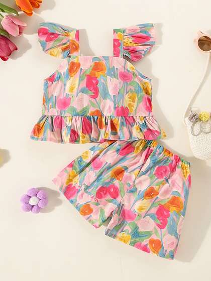 YK Floral Print Flutter
                    Sleeve Fit & Flare Dress