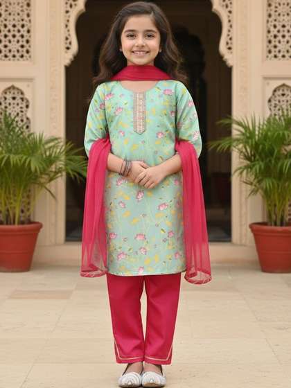 Sangria Girls Floral
                    Printed Regular Kurti with Palazzos & With
                    Dupatta