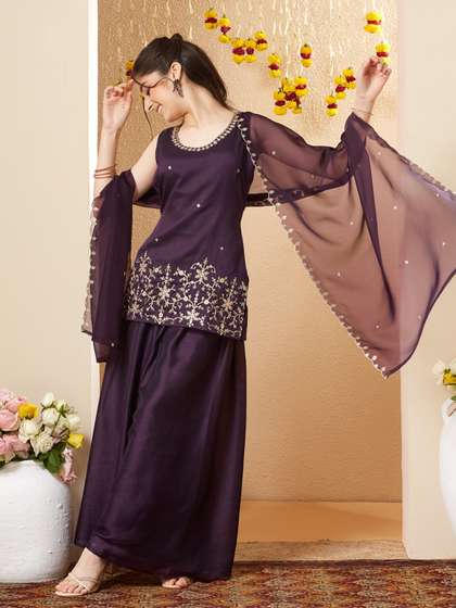 CurlyTales Girls Silk
                    Embroidered Kurta and Palazzo Set with Dupatta