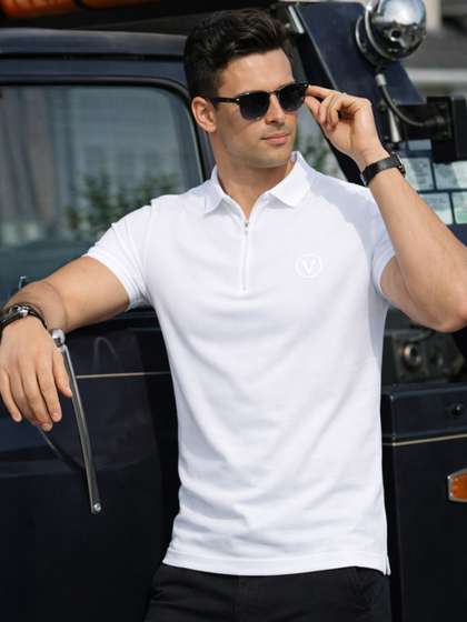 VEIRDO Men Polo
                        Collar Pure Cotton Pockets T-shirt