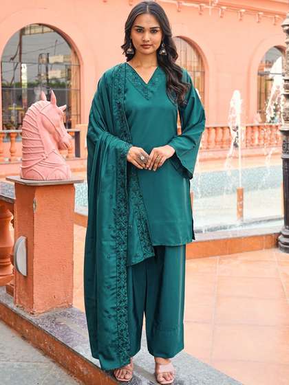 Tikhi Imli Women
                        Ethnic Motifs Embroidered Sequinned Kurta with
                        Palazzos & With Dupatta