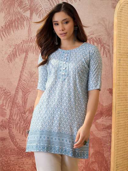 Blue Cotton Bandhni
                        Printed Angrakha Kurti