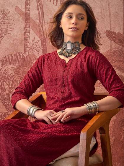 Sangria Embroidered
                        Round Neck Calf Length Straight Kurtas