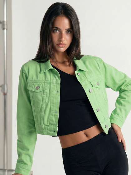 Tokyo Talkies Women
                        Green Washed Crop Denim Jacket