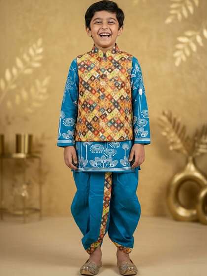 TAKE STYLE Boys Ethnic
                    Motifs Printed Regular Dupion Silk Kurta with Dhoti
                    Pants