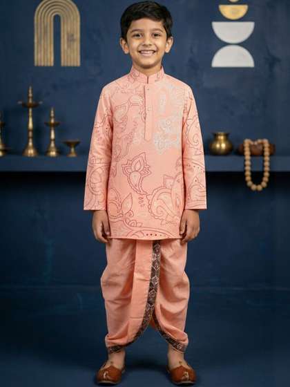 AHLAN APPARELS Boys
                    Ethnic Motifs Printed Regular Dupion Silk Kurta with
                    Dhoti Pants