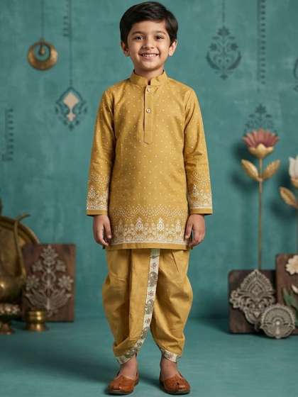NFC CREATION Boys Ethnic
                    Motifs Printed Regular Dupion Silk Kurta with Dhoti
                    Pants