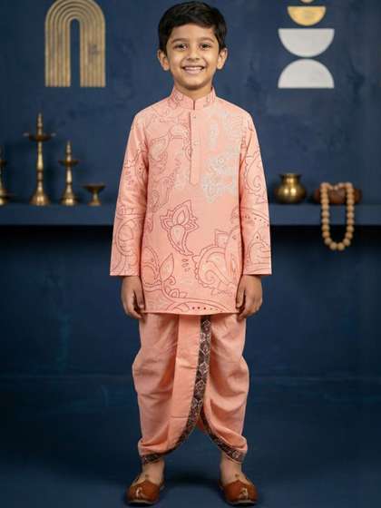 Cae Boys Ethnic Motifs
                    Printed Regular Dupion Silk Kurta with Dhoti Pants