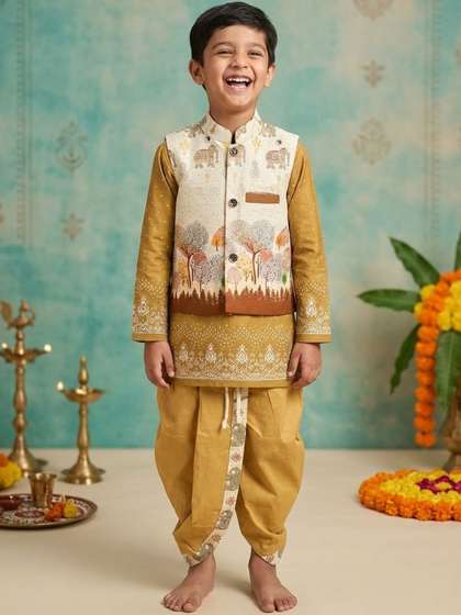 Cae Boys Ethnic Motifs
                      Printed Regular Dupion Silk Kurta with Dhoti
                      Pants