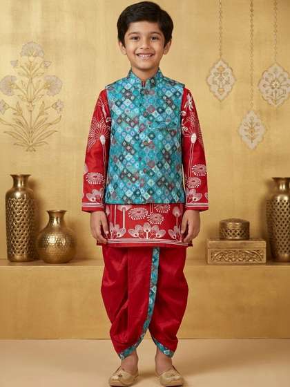 Cae Boys Ethnic Motifs
                    Printed Regular Dupion Silk Kurta with Dhoti Pants