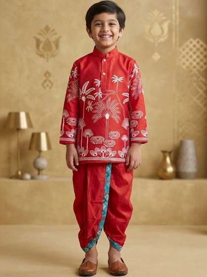 Cae Boys Ethnic Motifs
                    Printed Regular Dupion Silk Kurta with Dhoti Pants